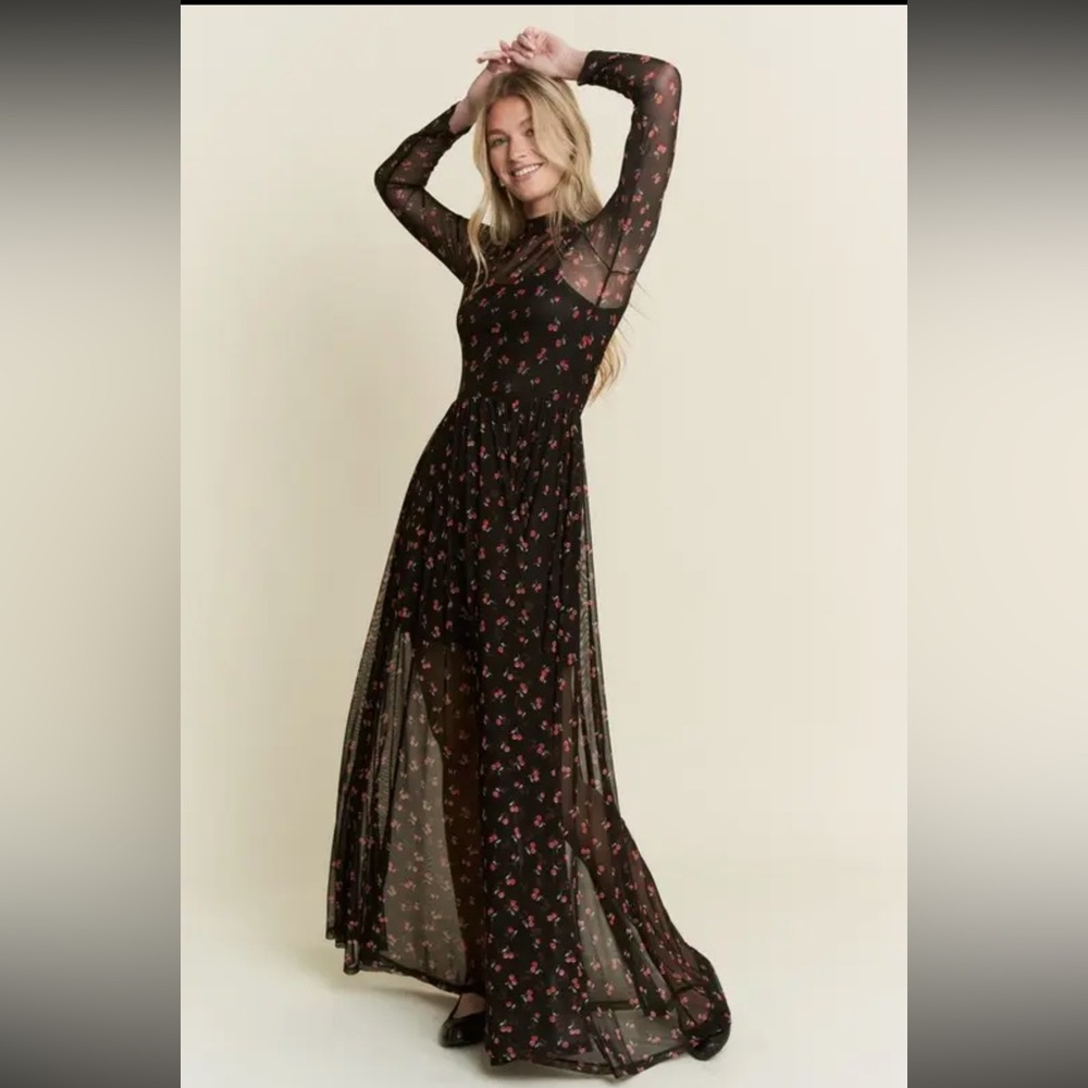 Sheer Long Sleeve Black Cherry Maxi Dress - Brand: Jade By Jane